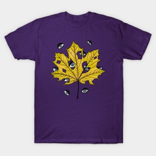 Yellow Leaf Witchy Creepy Eyes Pattern T-Shirt